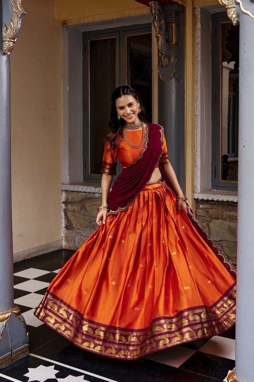 Traditional Zari Woven Silk Half Saree Set with Scalloped Embroidered Dupatta
