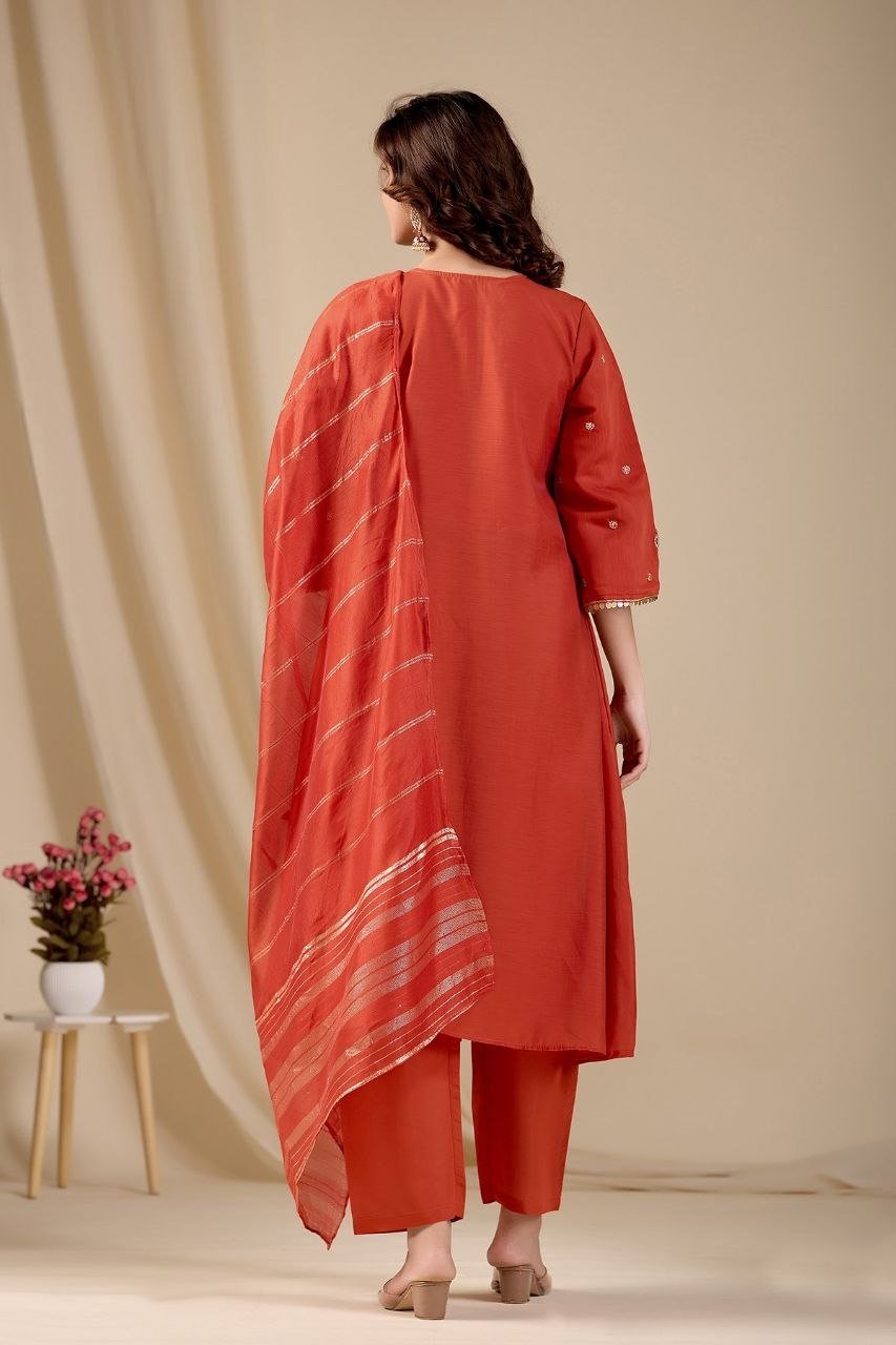 Intricate Embroidery Design on Solid Kurta Set with Striped Dupatta