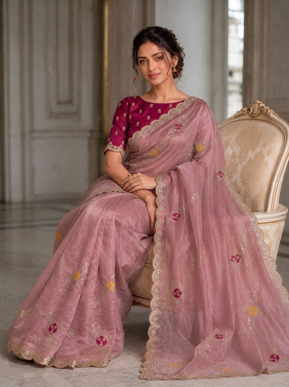 Scalloped Embroidered Tissue Silk Saree with Contrasting Blouse Unveiling Timeless Splendor