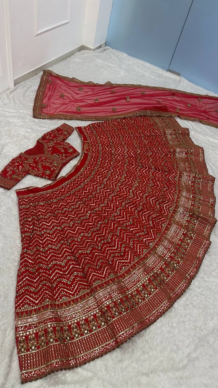 Chevron Embroidered Heavy Bridal Velvet Lehenga Set with Blouse