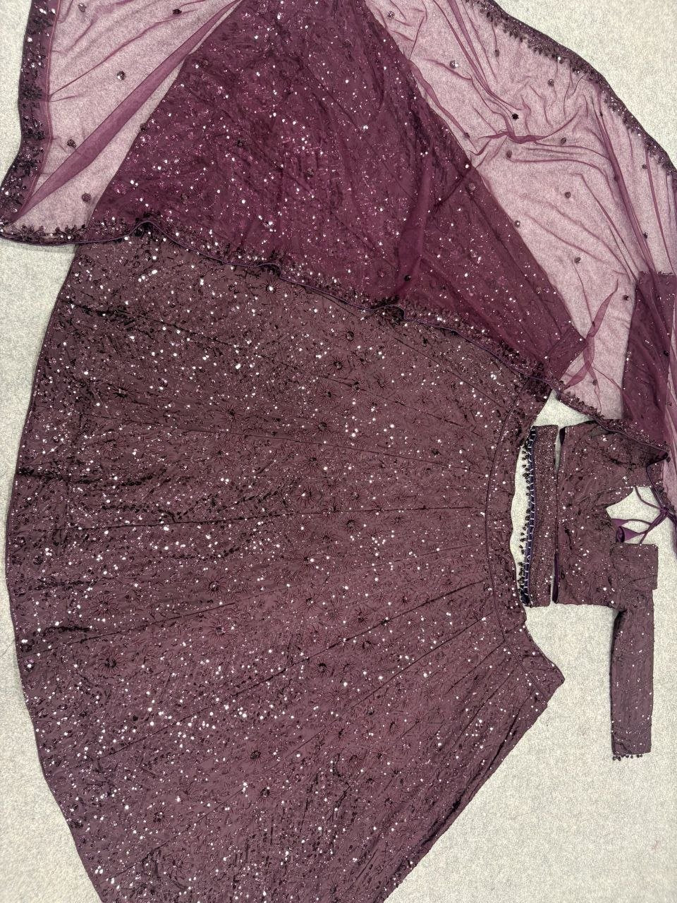 Thread Embroidered Georgette Lehenga Set with Tasseled Blouse