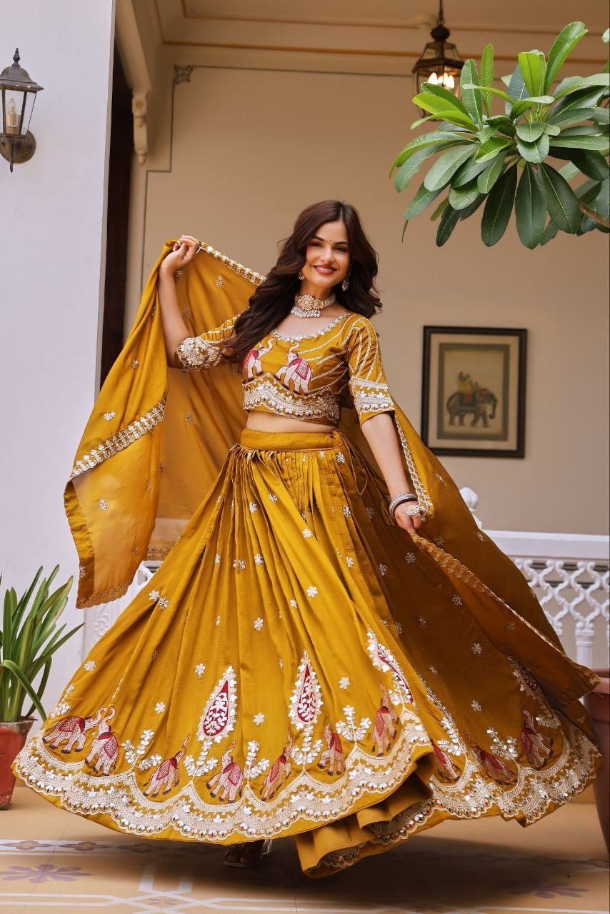 Elephant Motif Embroidered Silk Lehenga Set with Lace Border Dupatta - Surat Wholesale Ethnic Wear (Photo 5)