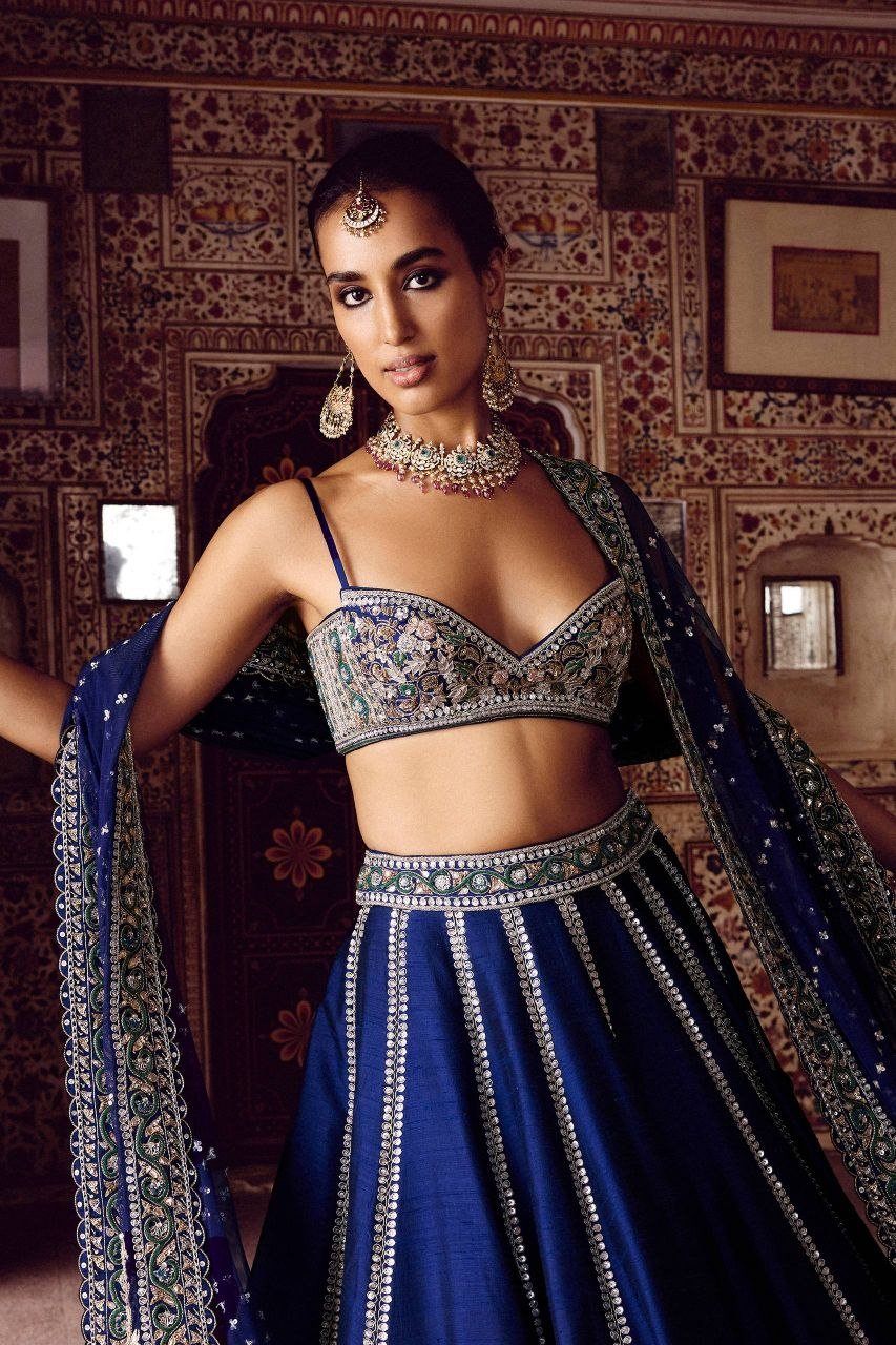 Paisley Motif Embellished Silk Lehenga Set with Draped Jacket Cape