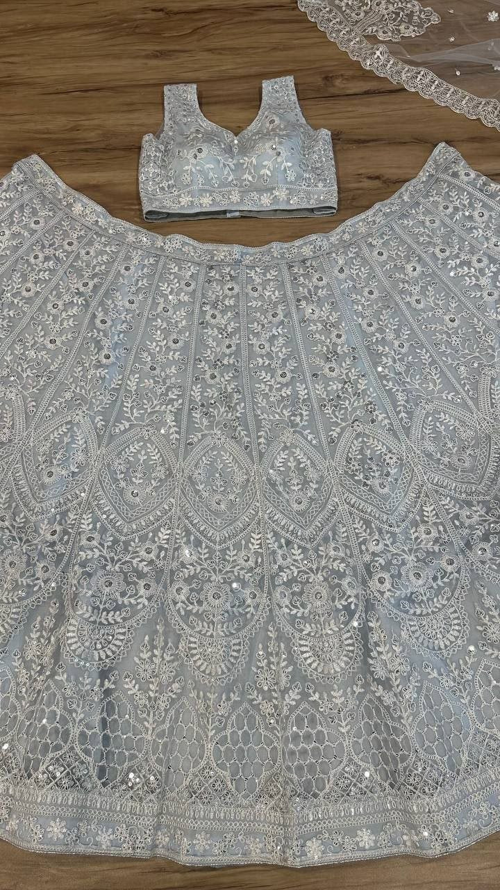 Chikankari Sequined Lehenga Set with Attached Cape Dupatta