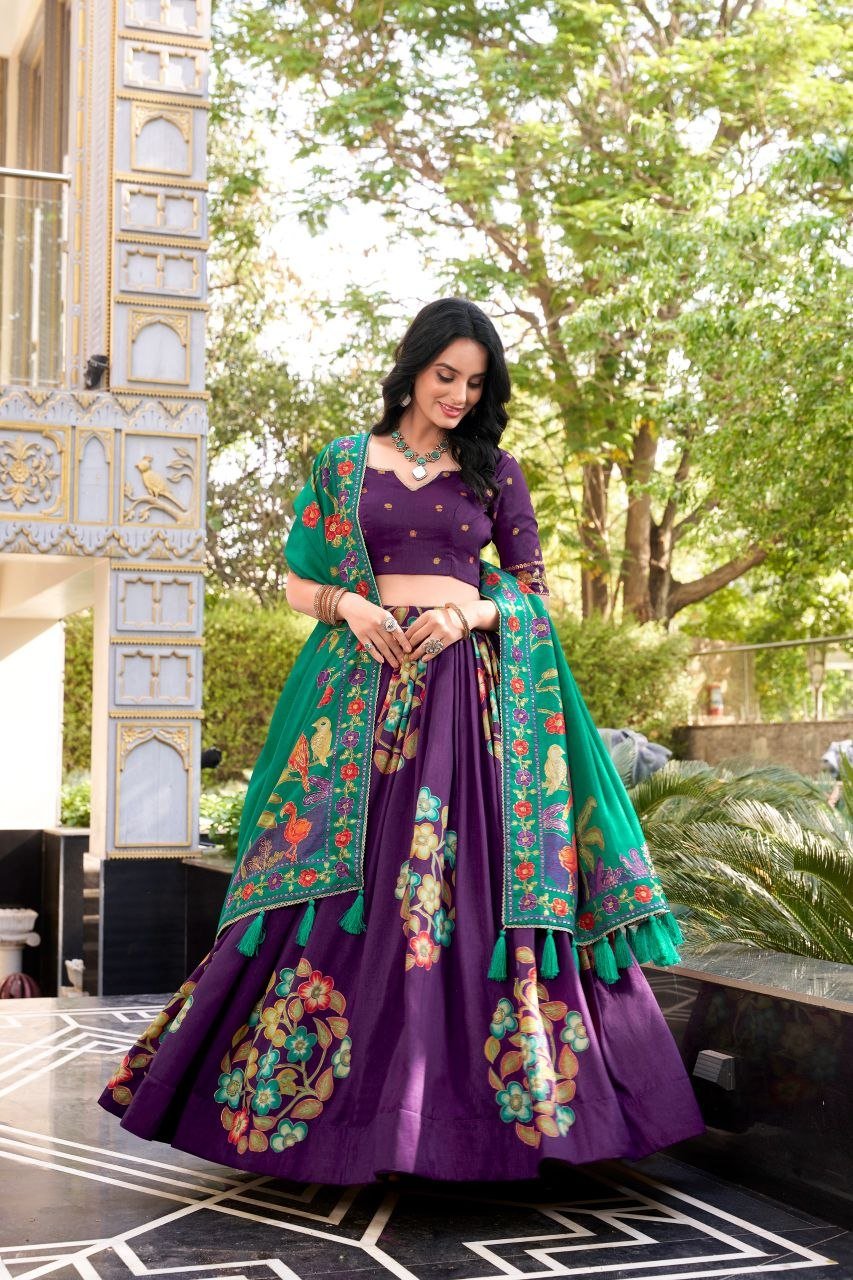 Hand Printed Kalamkari Silk Lehenga Set with Printed Dupatta