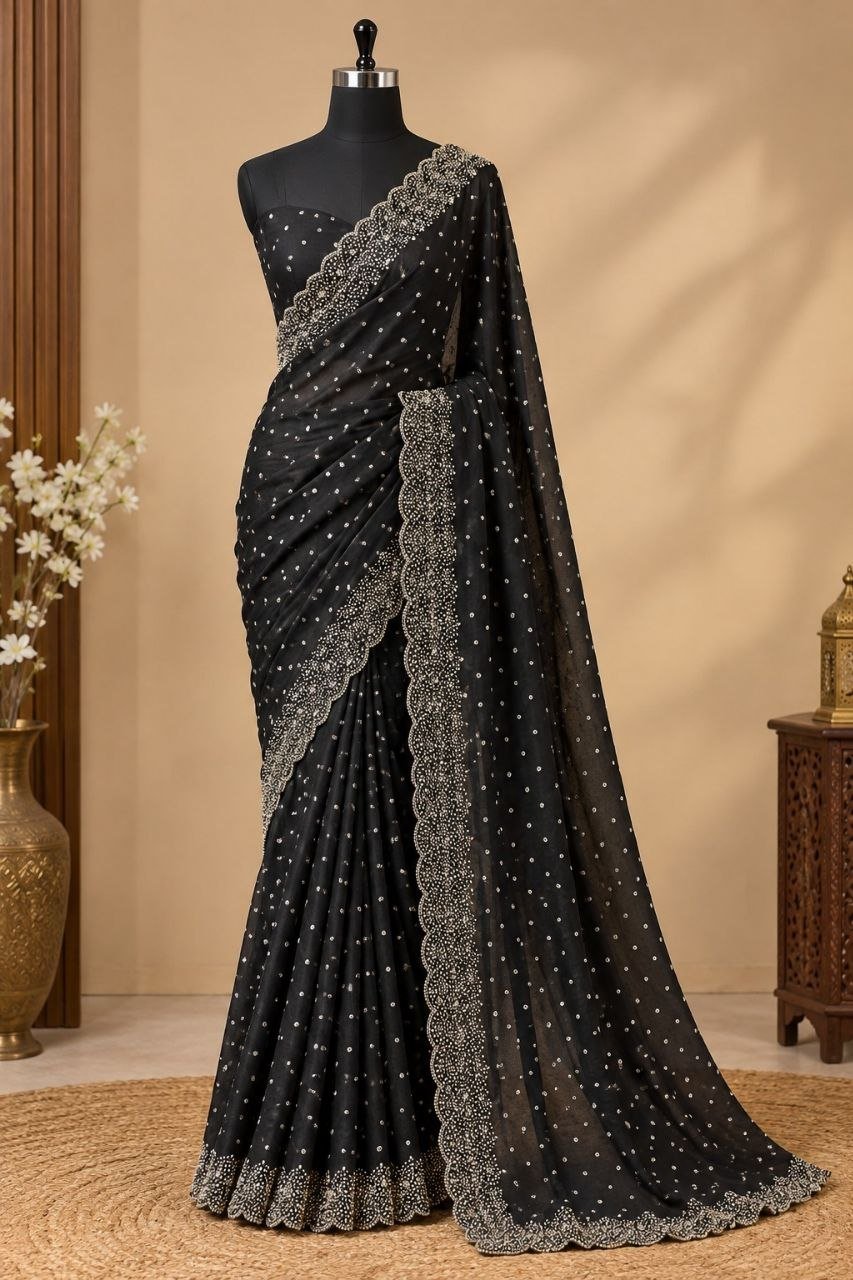 Midnight Radiance Embellished Draped Saree with Intricate Scalloped Border