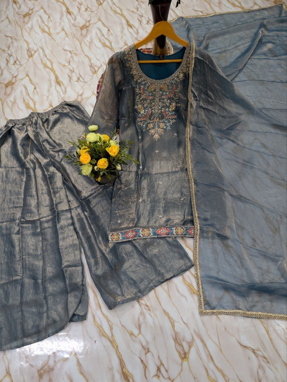 Artisanal Threadwork Embroidered Straight Kurta Sharara Set with Sheer Dupatta