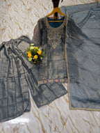 Artisanal Threadwork Embroidered Straight Kurta Sharara Set with Sheer Dupatta