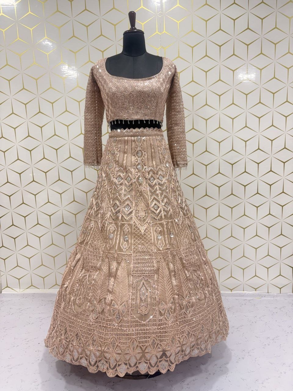 Intricate Chikankari Sequined Net Lehenga Set with Embellished Belt - Surat Wholesale Ethnic Wear (Photo 5)