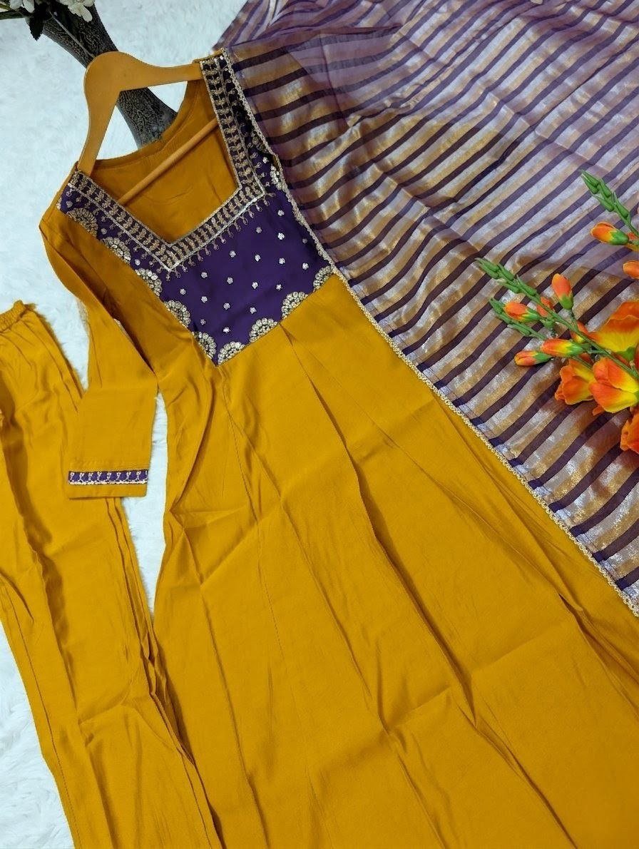Embroidered Peacock Motif Anarkali Suit with Mirror Work Dupatta