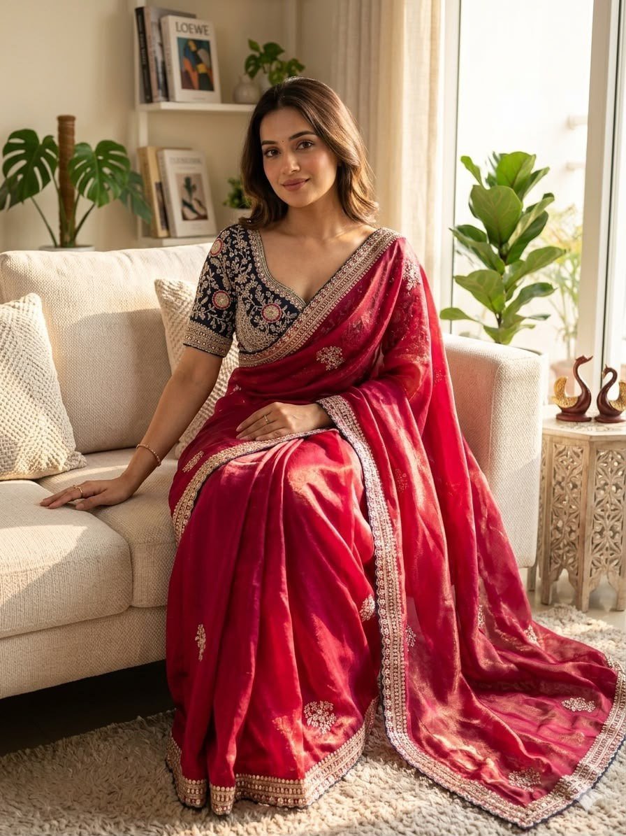 Royal Heritage Handcrafted Embroidered Draped Saree with Intricate Border Detailing