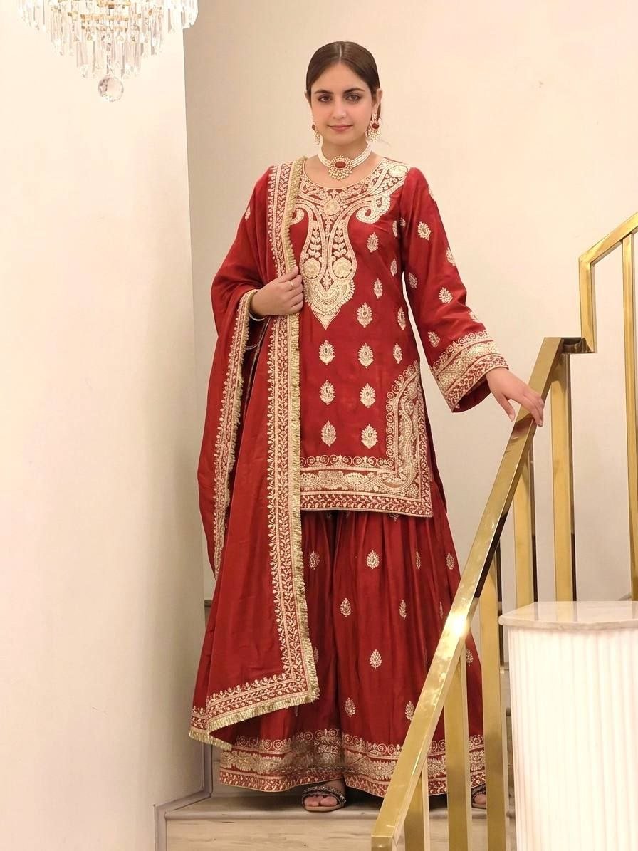Opulent Luxury Heavy Zardozi Embroidered Kurta and Sharara Set with Dupatta