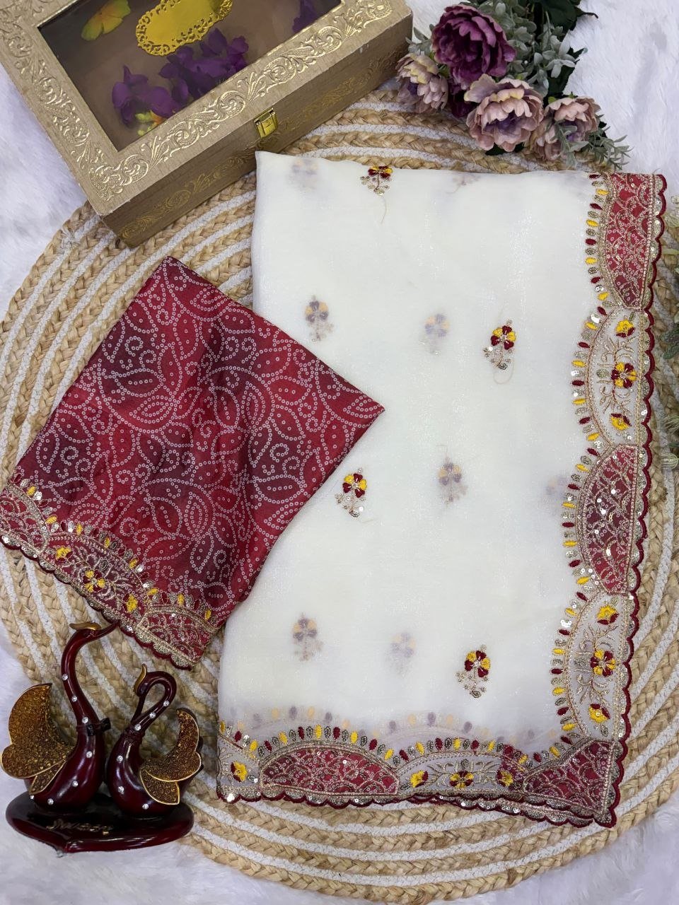 Cutwork Embroidered Organza Saree with Printed Blouse Exuding Subtle Grace