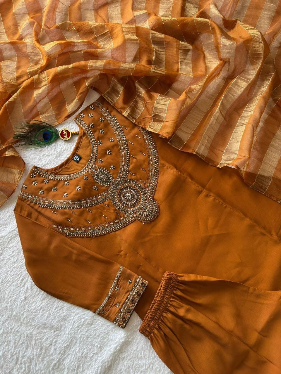 Hand-Embellished Anarkali Suit Set with Striped Dupatta