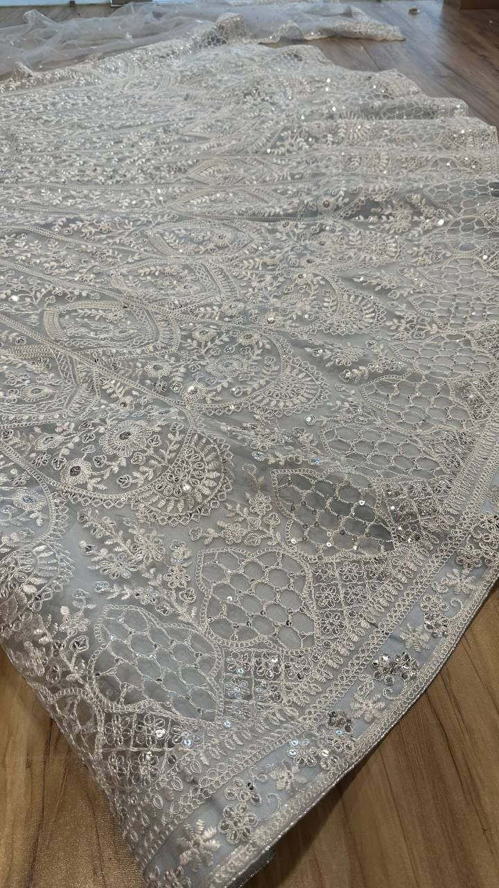 Chikankari Sequined Lehenga Set with Attached Cape Dupatta