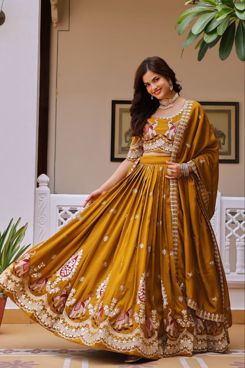 Elephant Motif Embroidered Silk Lehenga Set with Lace Border Dupatta - Surat Wholesale Ethnic Wear (Photo 6)