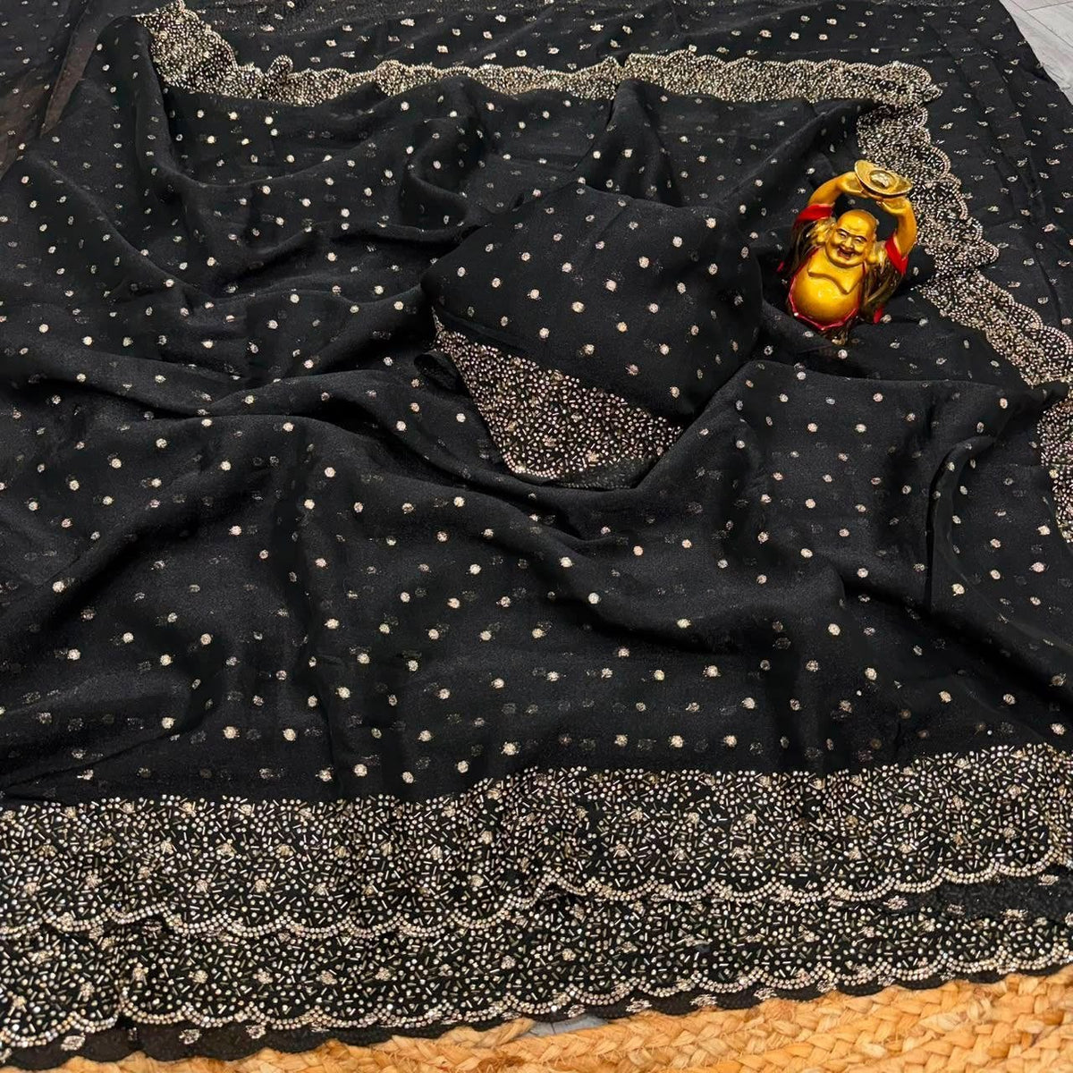 Midnight Radiance Embellished Draped Saree with Intricate Scalloped Border