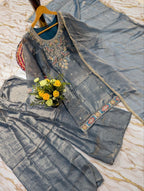 Artisanal Threadwork Embroidered Straight Kurta Sharara Set with Sheer Dupatta