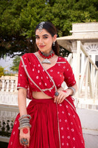 Traditional Bandhani Print Flared Lehenga Choli with Lace Border Dupatta