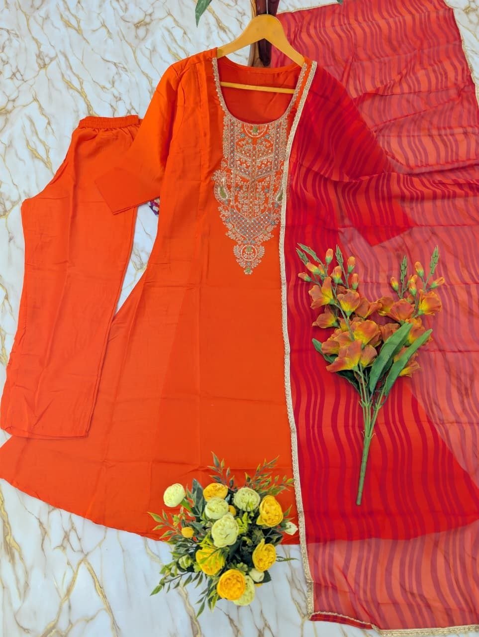 Festive Embroidered Anarkali Suit with Striped Dupatta