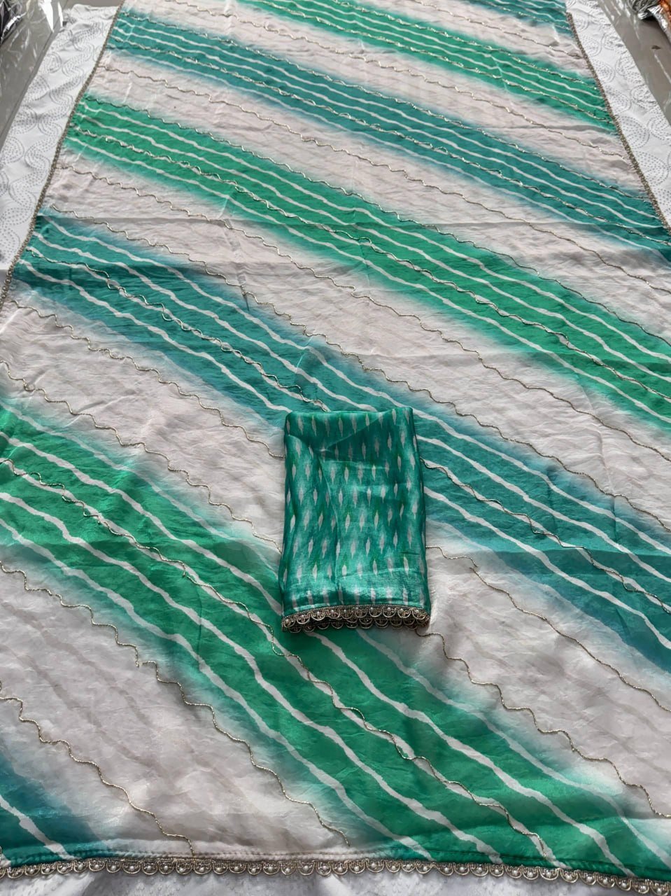 Contemporary Statement Handcrafted Wave Pattern Saree with Delicate Scalloped Border