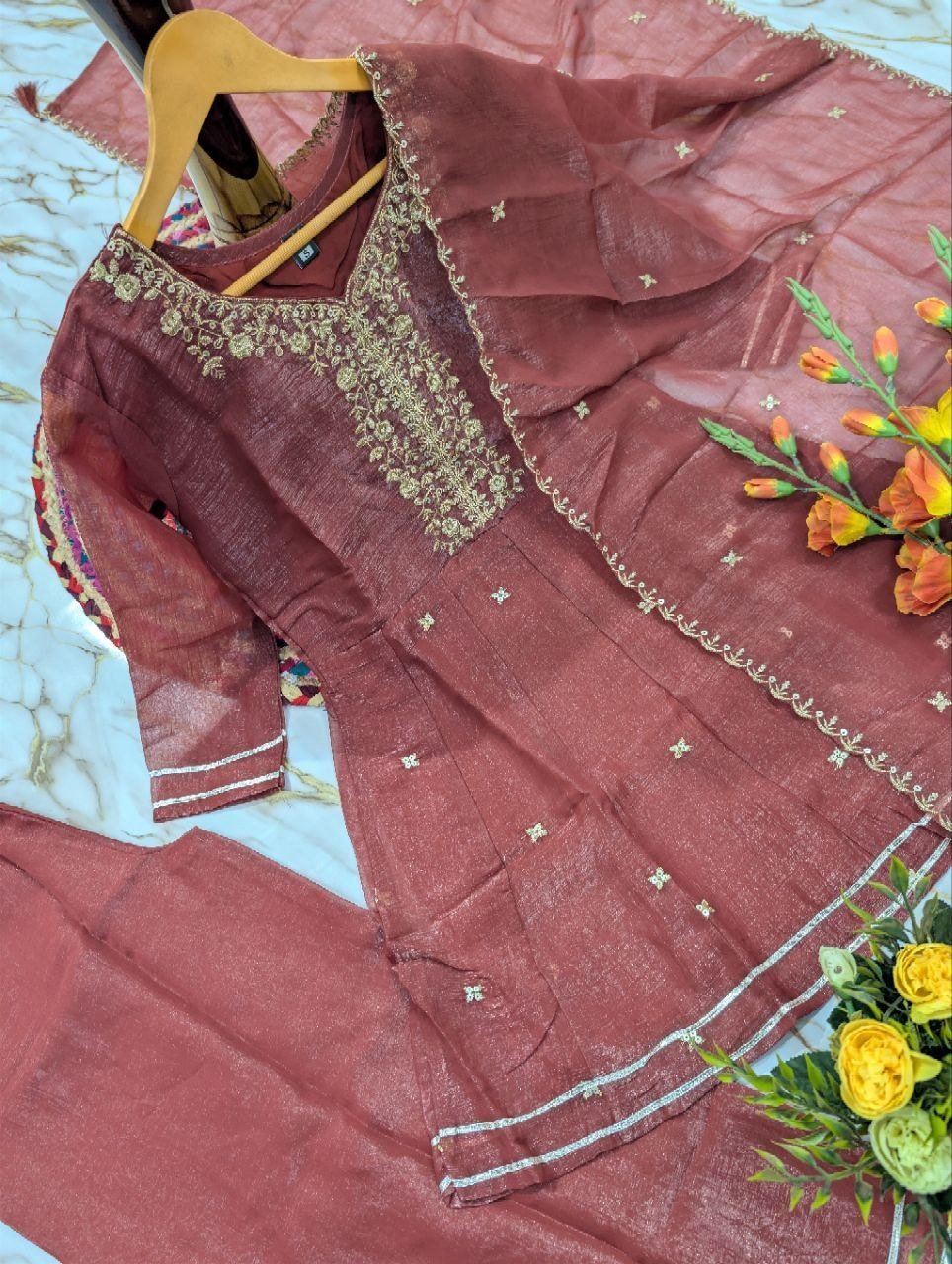 Embroidered Chanderi Kurta Set with Gota Patti Dupatta