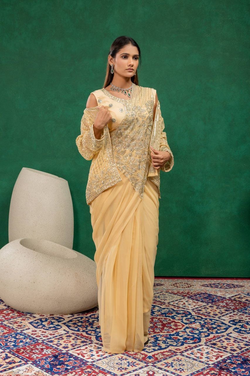 Sequined Heavy Work Jacket With Pre Stitched Draped Saree Set