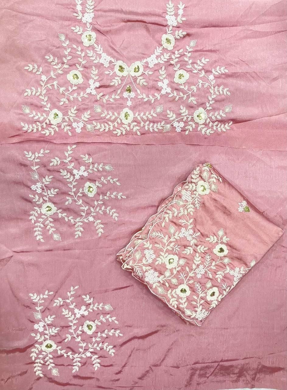 Effortless Floral Embroidered Saree with Delicate Border Detailing