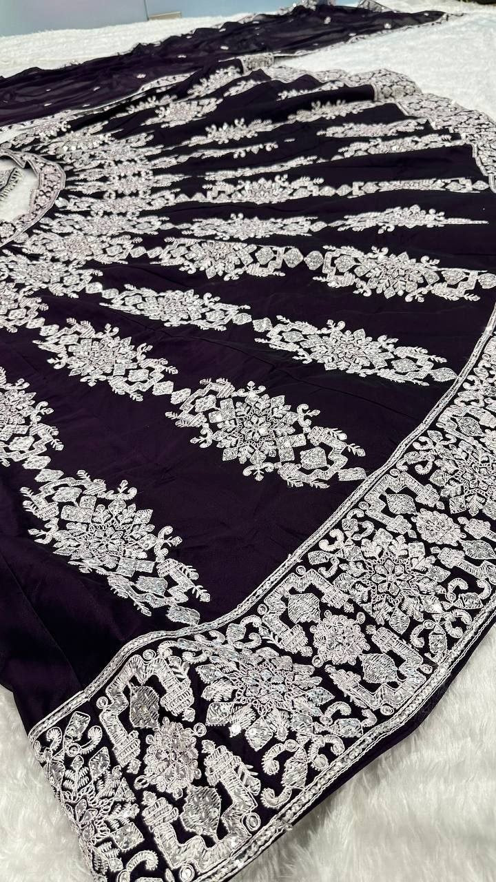 Contrast Thread Embroidered Georgette Lehenga Set with Sleeveless Blouse - Surat Wholesale Ethnic Wear (Photo 6)