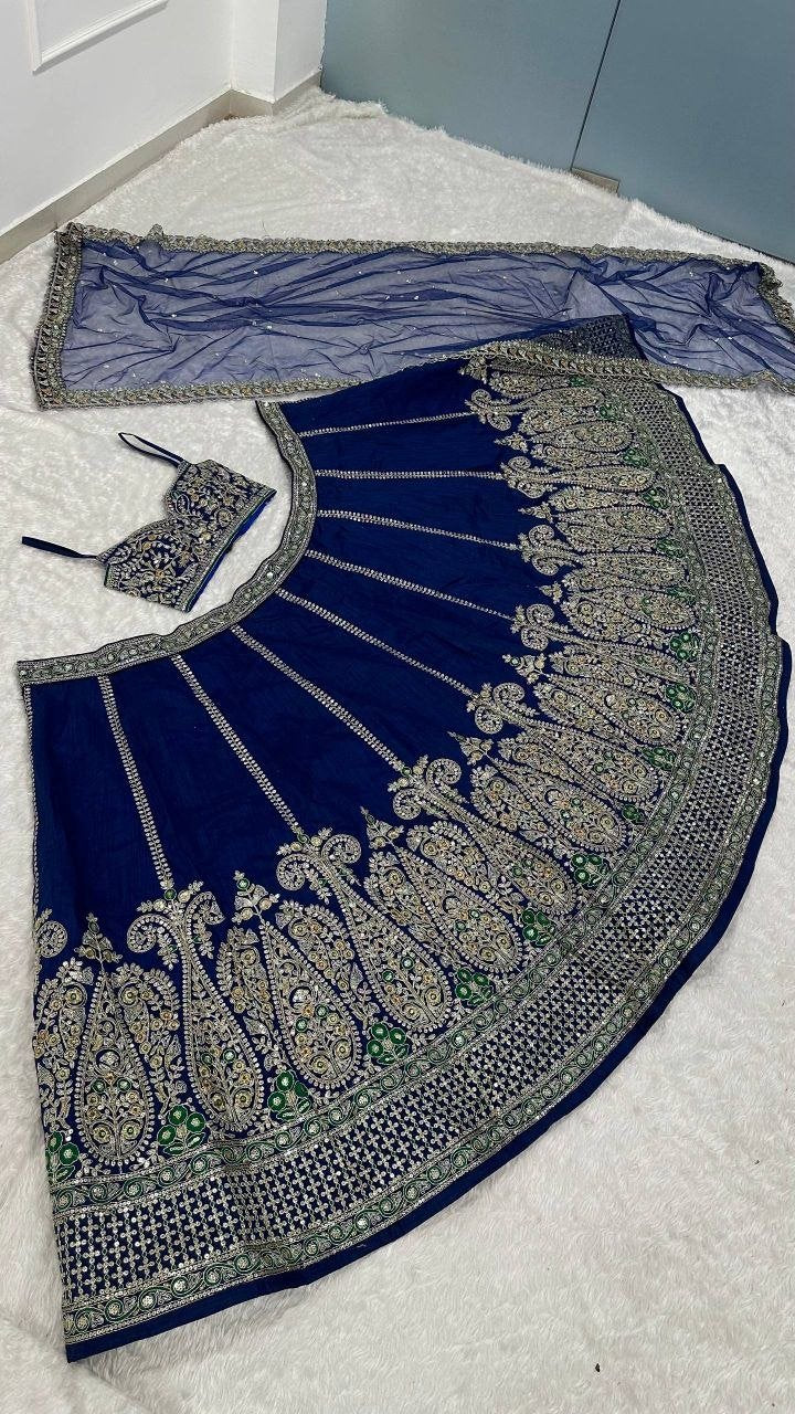 Paisley Motif Embellished Silk Lehenga Set with Draped Jacket Cape