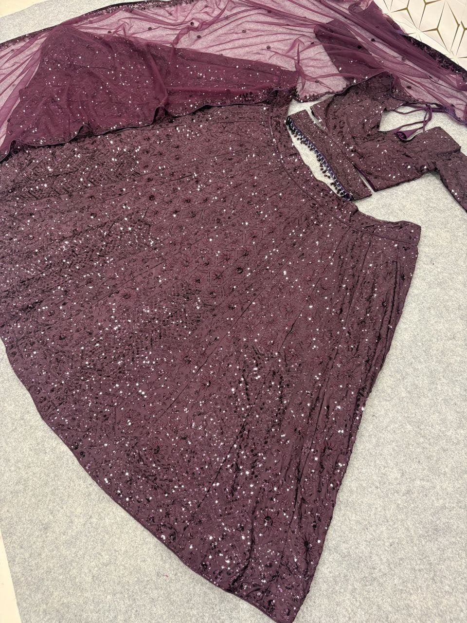 Thread Embroidered Georgette Lehenga Set with Tasseled Blouse