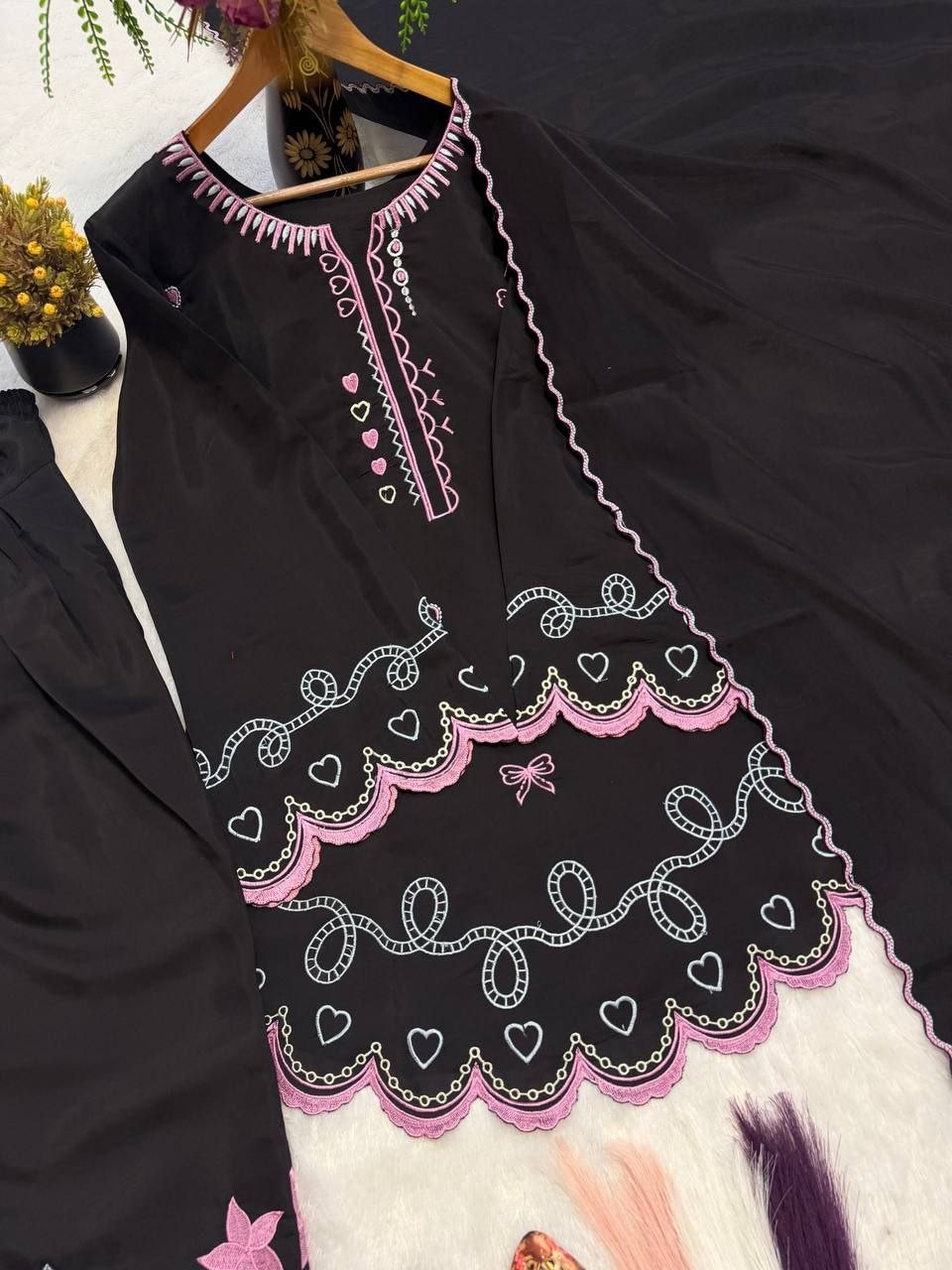 Playful Embroidered Short Kurta and Scalloped Palazzo Set