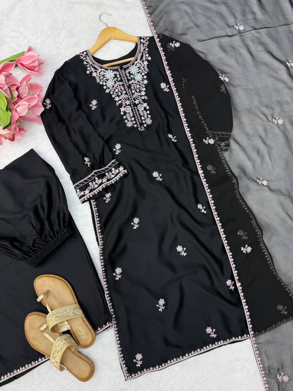 Midnight Radiance Embroidered Straight Kurta with Palazzo and Dupatta