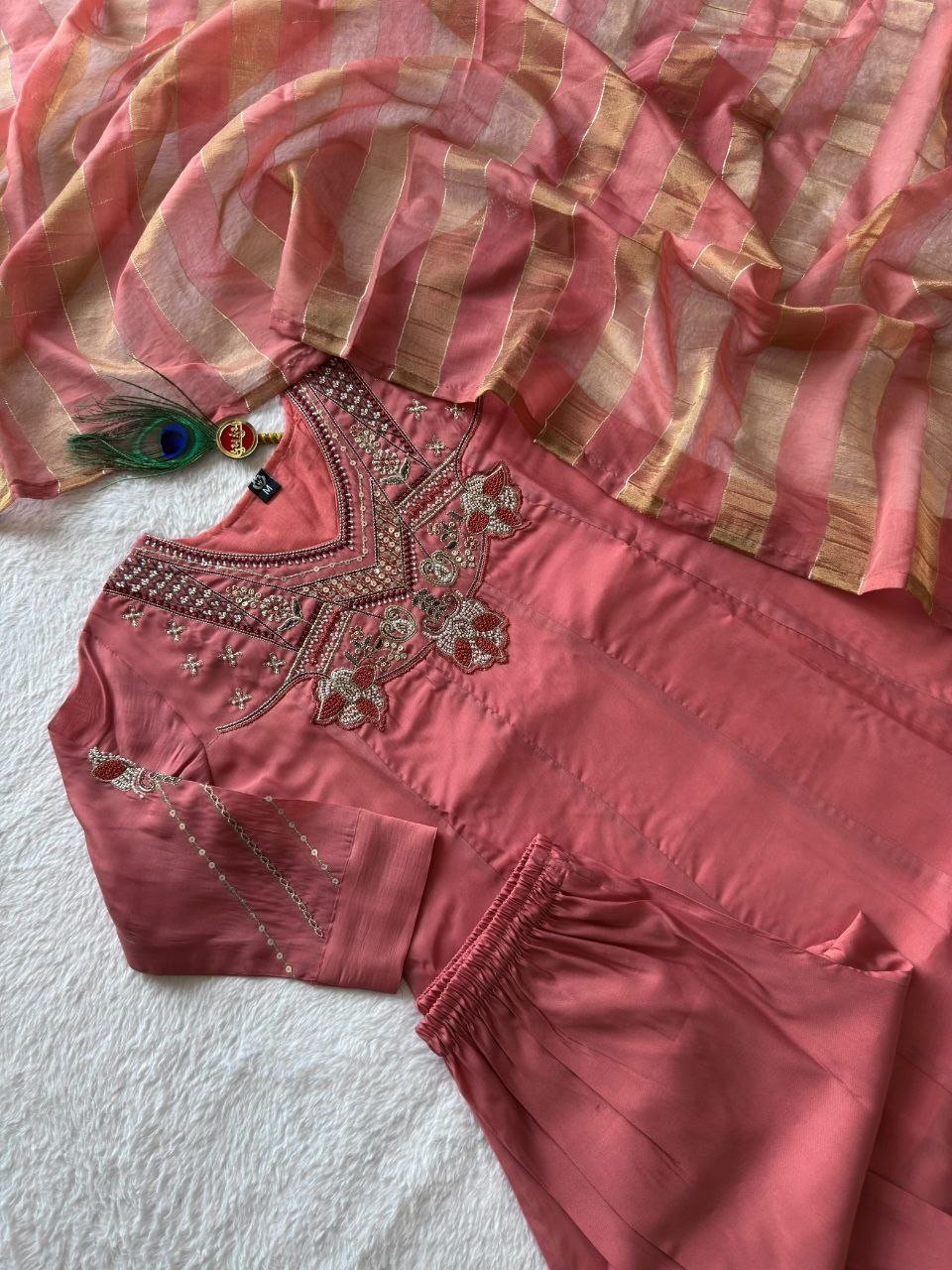 Embroidered Anarkali Kurta Set with Zari Striped Dupatta