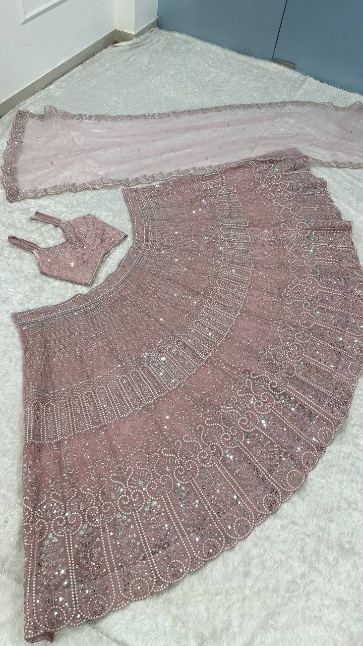 Sequined Thread Work Georgette Lehenga Set with Scalloped Net Dupatta