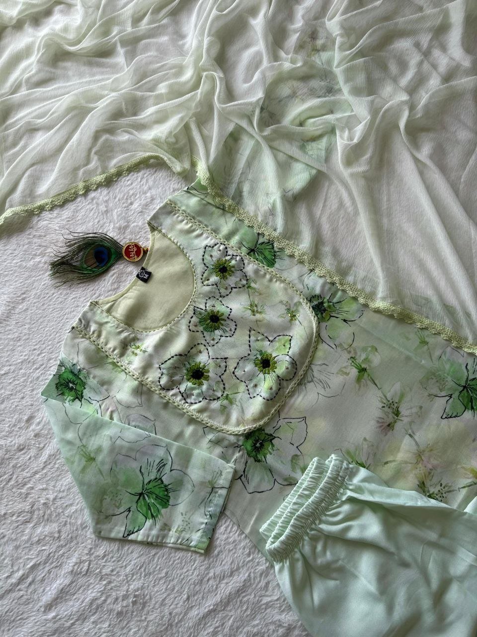 Embroidered Floral Printed Kurta Set with Match Dupatta