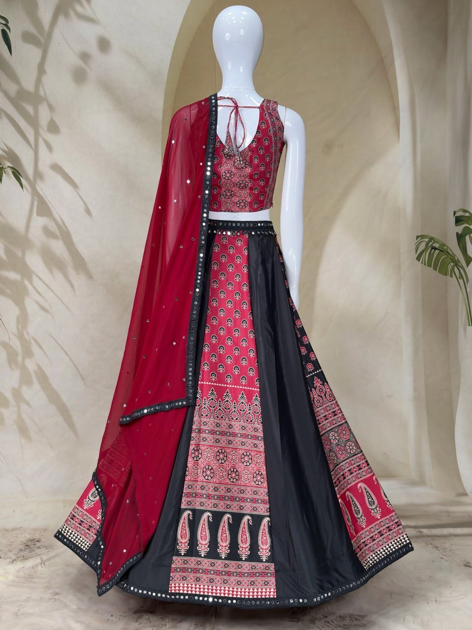 Ornate Printed Panel Flared Lehenga Choli with Mirror Work Border