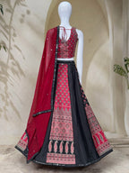 Ornate Printed Panel Flared Lehenga Choli with Mirror Work Border