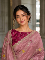 Scalloped Embroidered Tissue Silk Saree with Contrasting Blouse Unveiling Timeless Splendor
