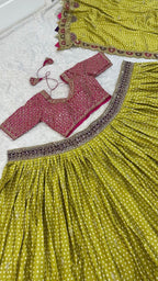 Bandhani Print Silk Lehenga Set with Embroidered Scallop Dupatta