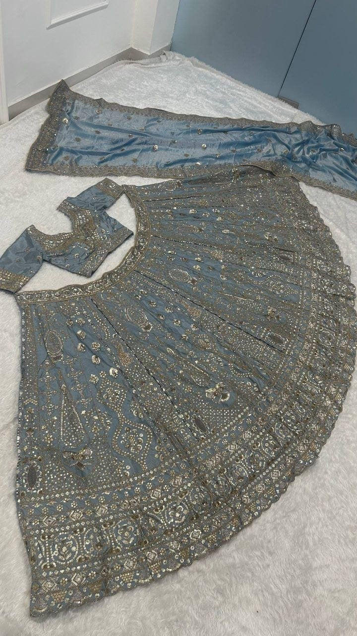 Sequined Heavy Embroidered Bridal Lehenga Set with Sheer Dupatta