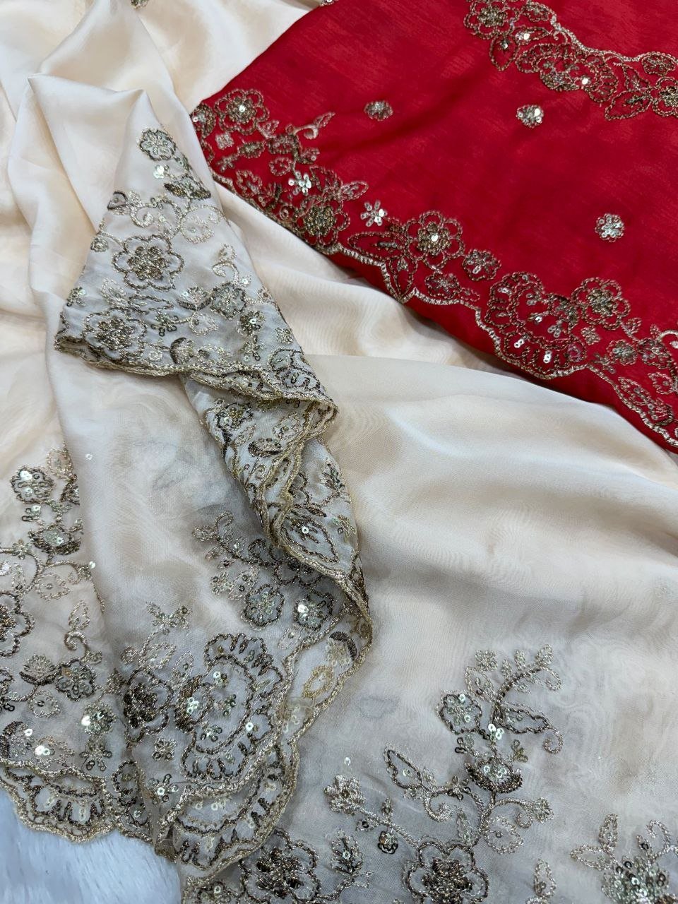 Royal Heritage Floral Embroidered Saree with Intricate Sequin Border and Designer Blouse