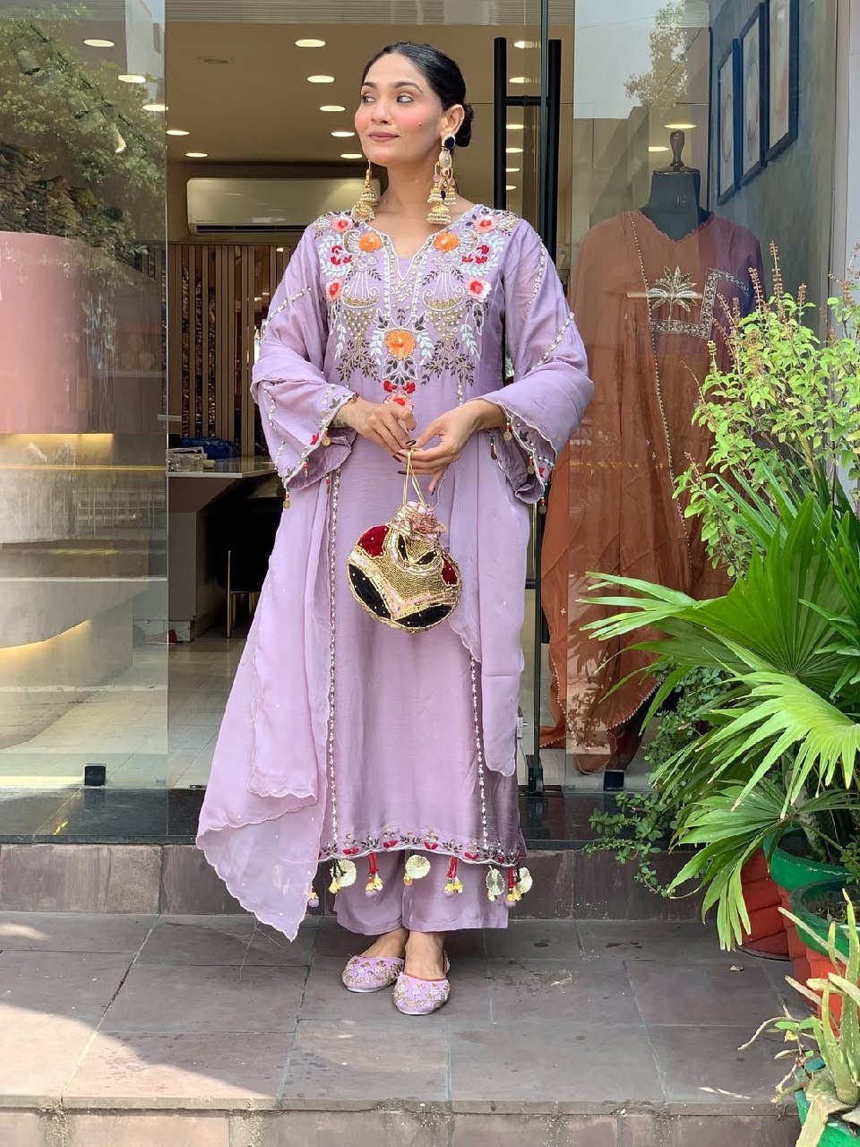 Subtle Grace Embroidered Straight Kurta Set with Tasseled Hem Dupatta