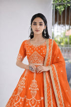 Traditional Thread Embroidered Silk Lehenga Set with Ornate Border