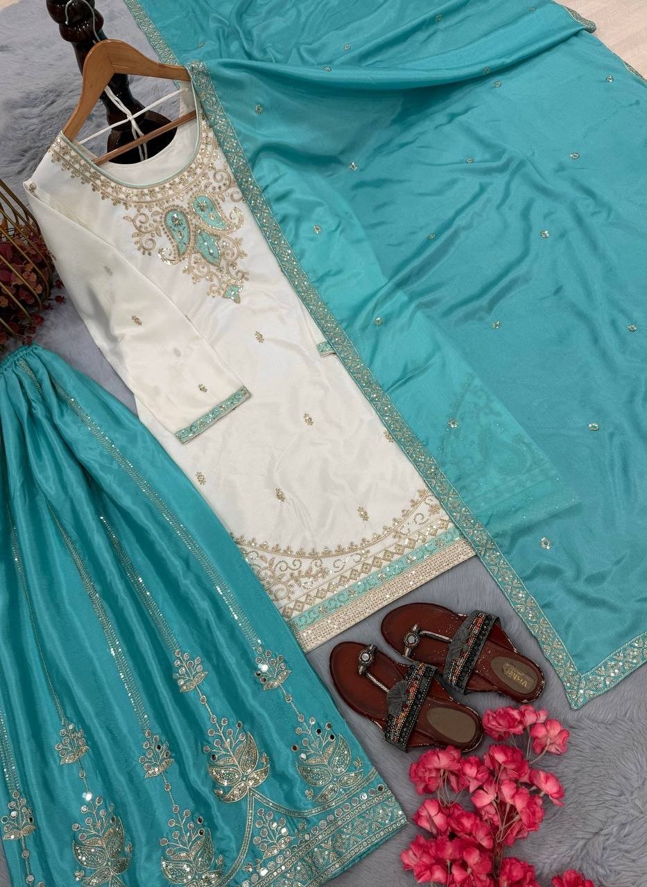 Intricate Embroidered Silk Straight Kurta and Palazzo Set with Heavy Dupatta