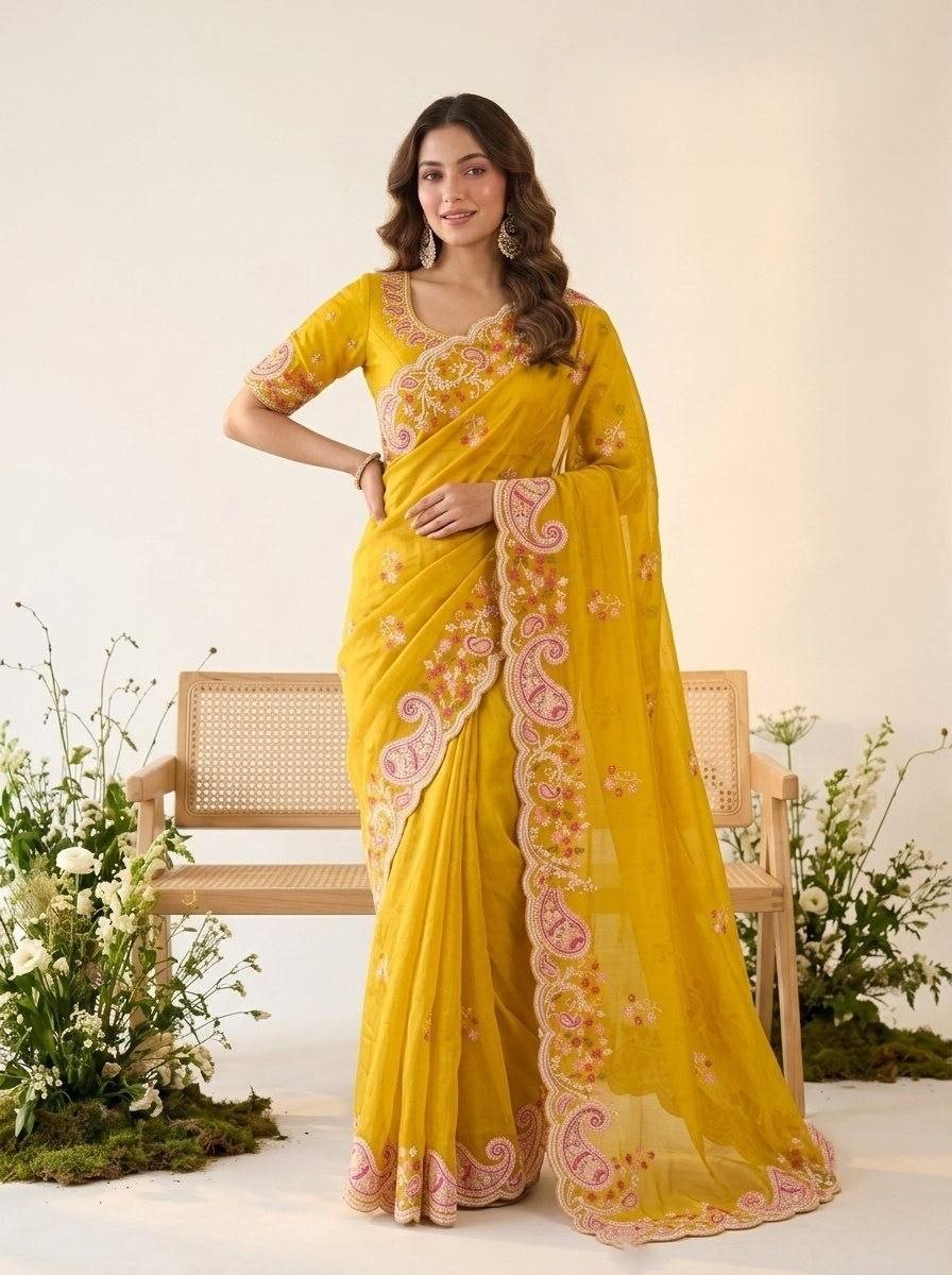 Garden Floral Romance Paisley Embroidered Draped Saree