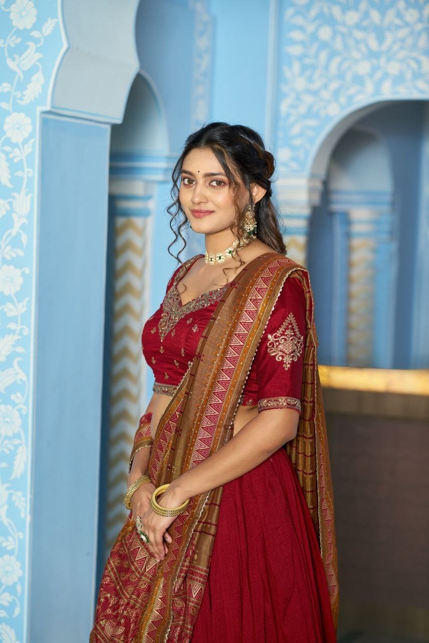 Embroidered Flared Silk Lehenga Set with Printed Dupatta - Surat Wholesale Ethnic Wear (Photo 6)