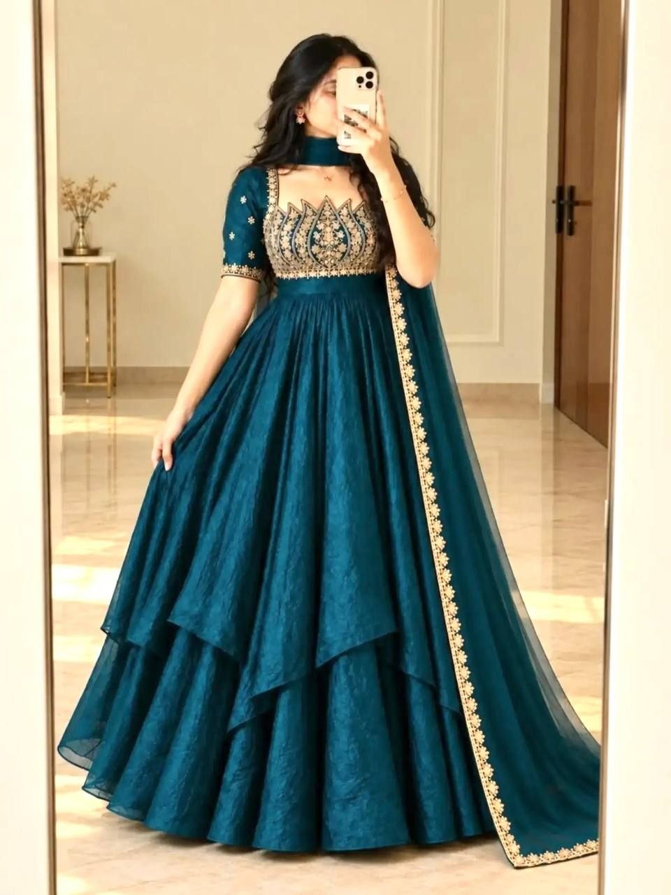 Cocktail Party Polish Layered Anarkali Gown with Embellished Neckline Dupatta - Surat Wholesale Ethnic Wear (Photo 6)