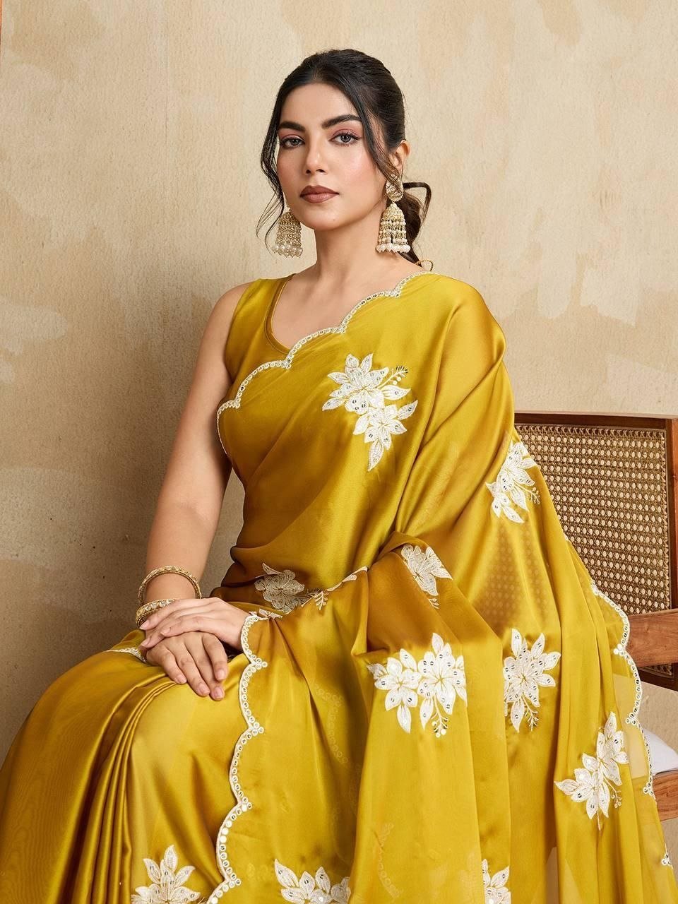 Garden Floral Romance Embroidered Saree with Scalloped Border