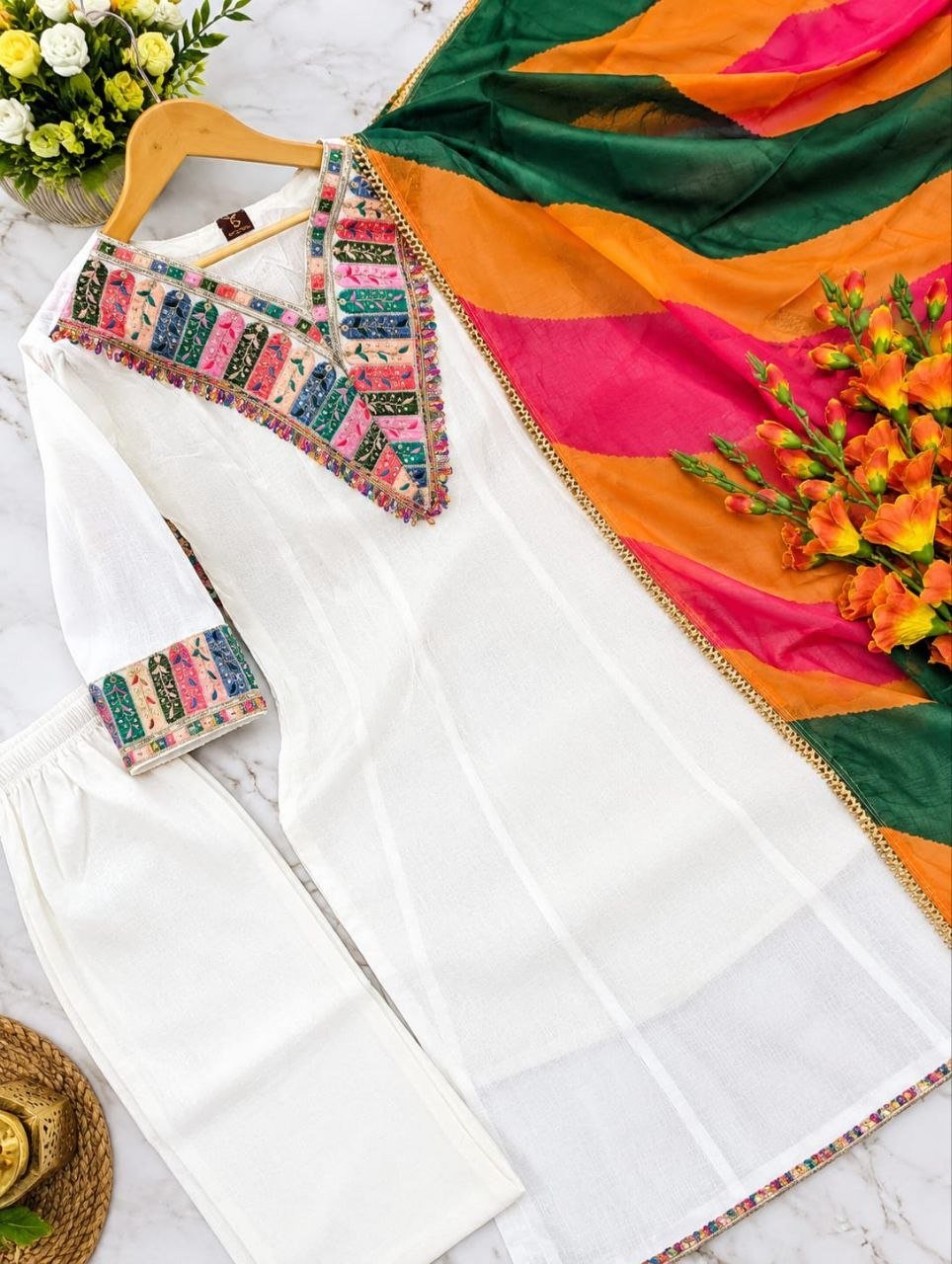 Artisanal Embroidered Anarkali Suit Set With Multihued Leheriya Dupatta - Surat Wholesale Ethnic Wear (Photo 6)